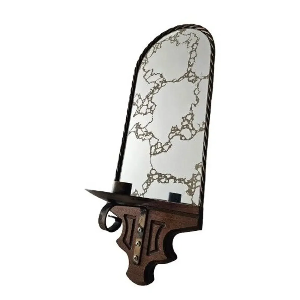 Vintage MCM Iron & Wood Wall Sconce Candlestick Holder, Gold Vein Mirror